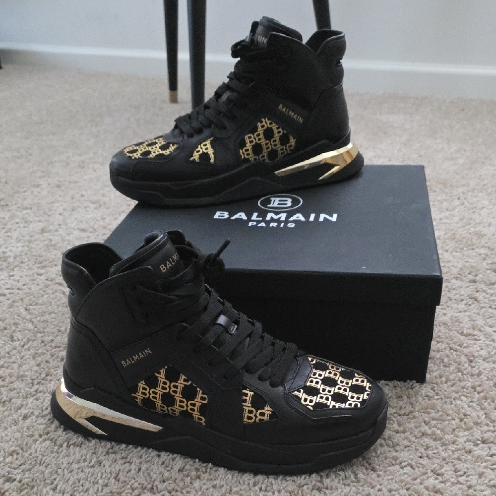 Balmain Black and Gold High-Top Sneakers Mens Shoes Size 13 46 NWT